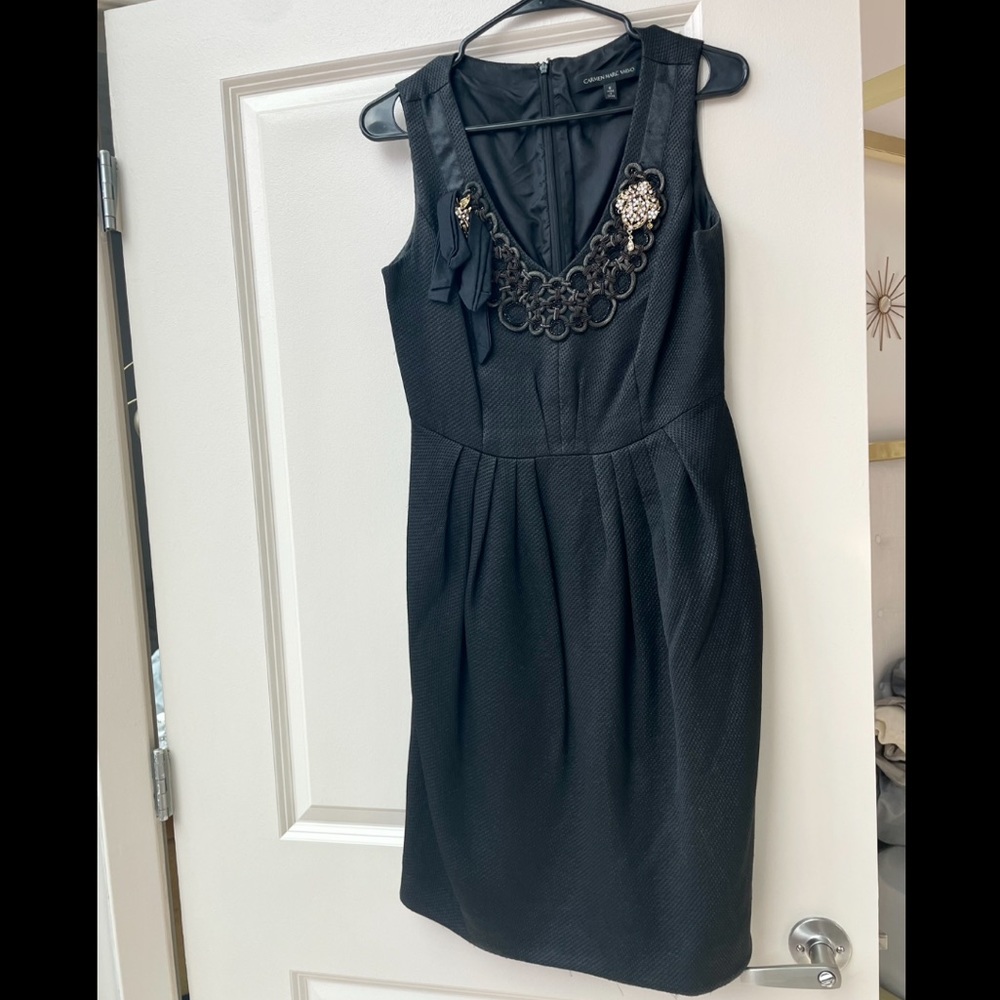 Carmen Marc Valvo embellished black textured cocktail dress